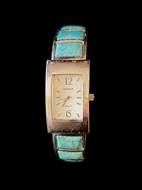Vintage Southwestern Faux Turquoise Chip Inlay Silver Tone Hinge Cuff Wristwatch